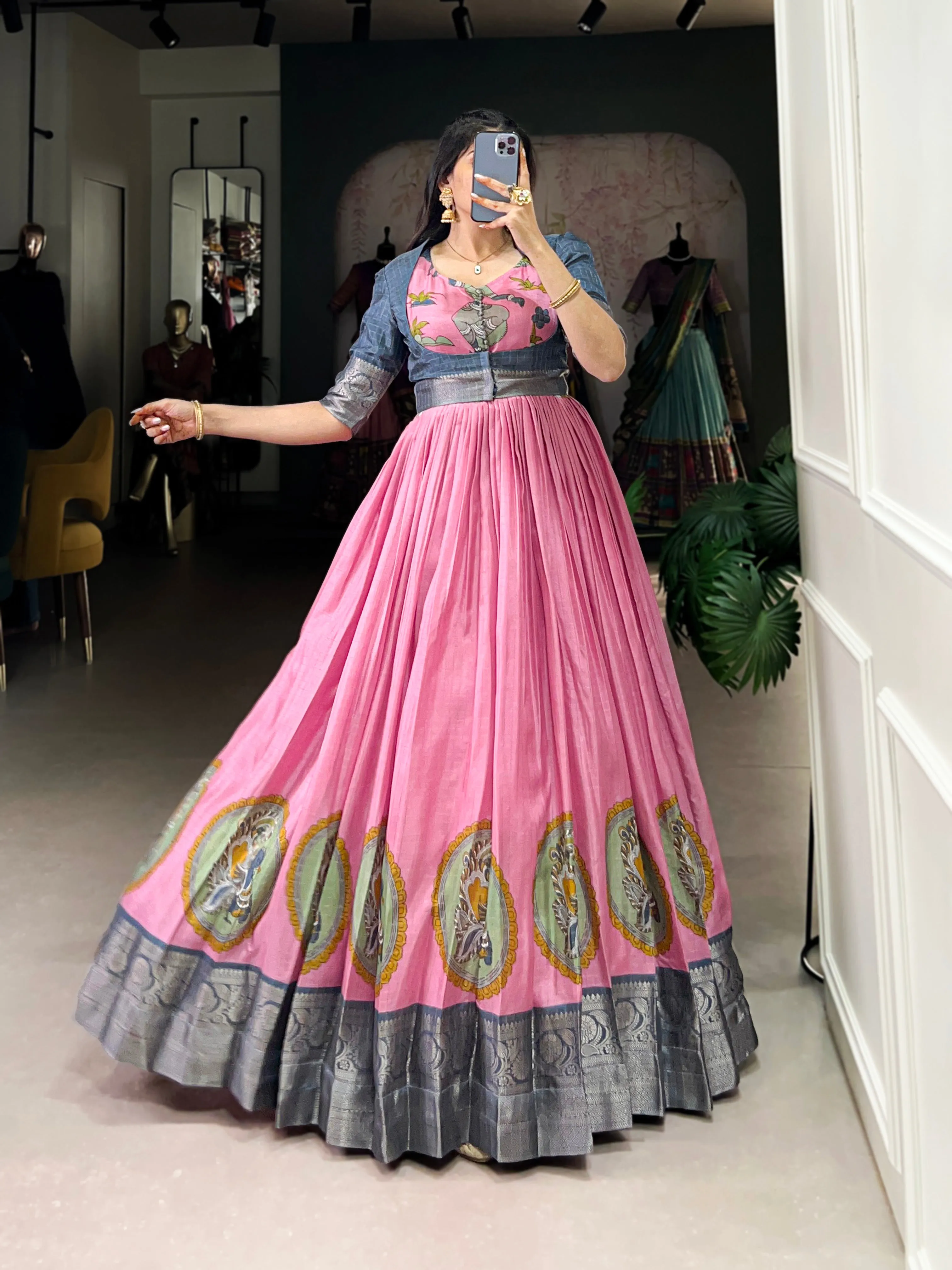 Pink Pure Dola Silk Long Kalamkari Print Readymade Gown