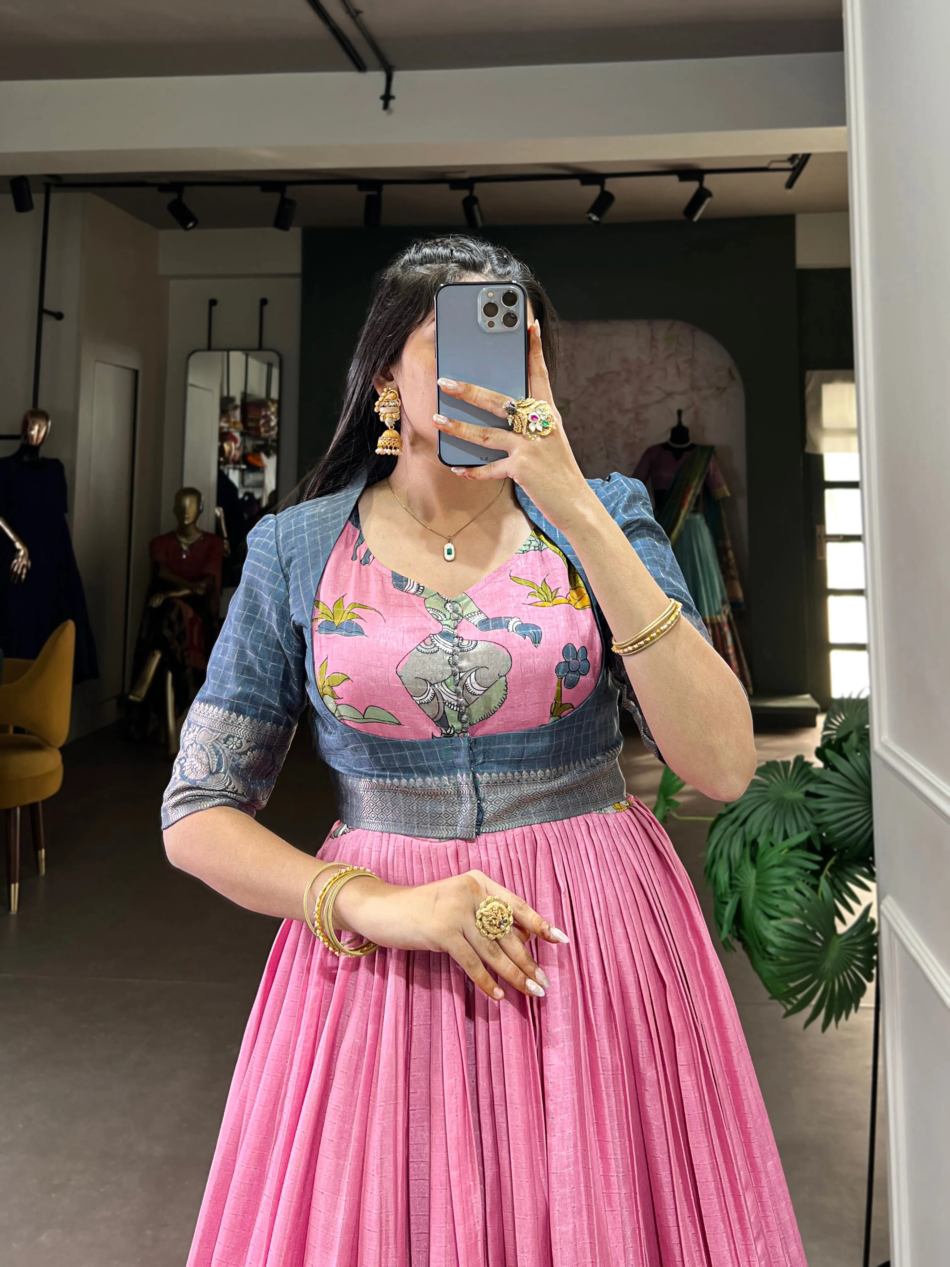Pink Pure Dola Silk Long Kalamkari Print Readymade Gown