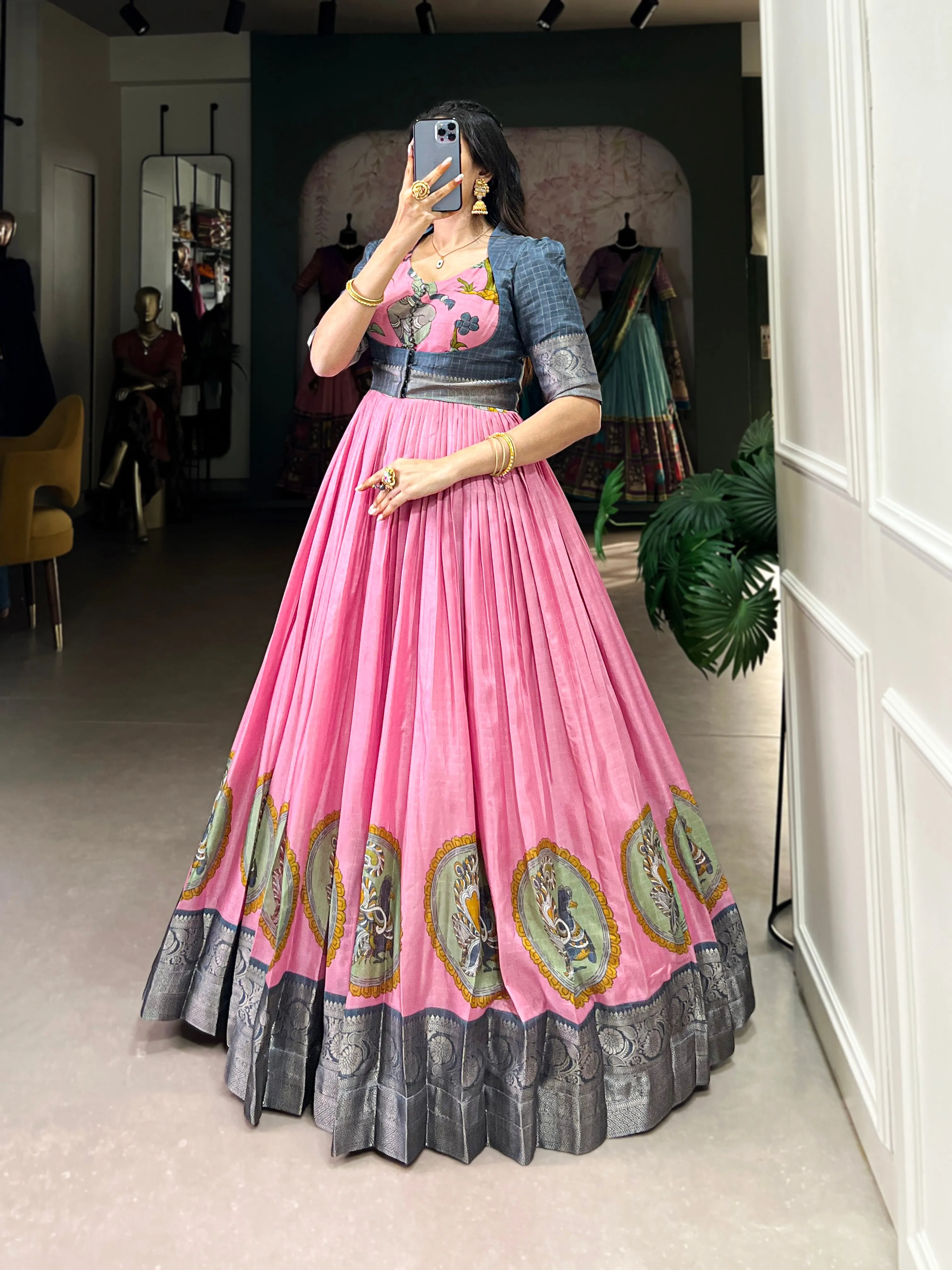 Pink Pure Dola Silk Long Kalamkari Print Readymade Gown