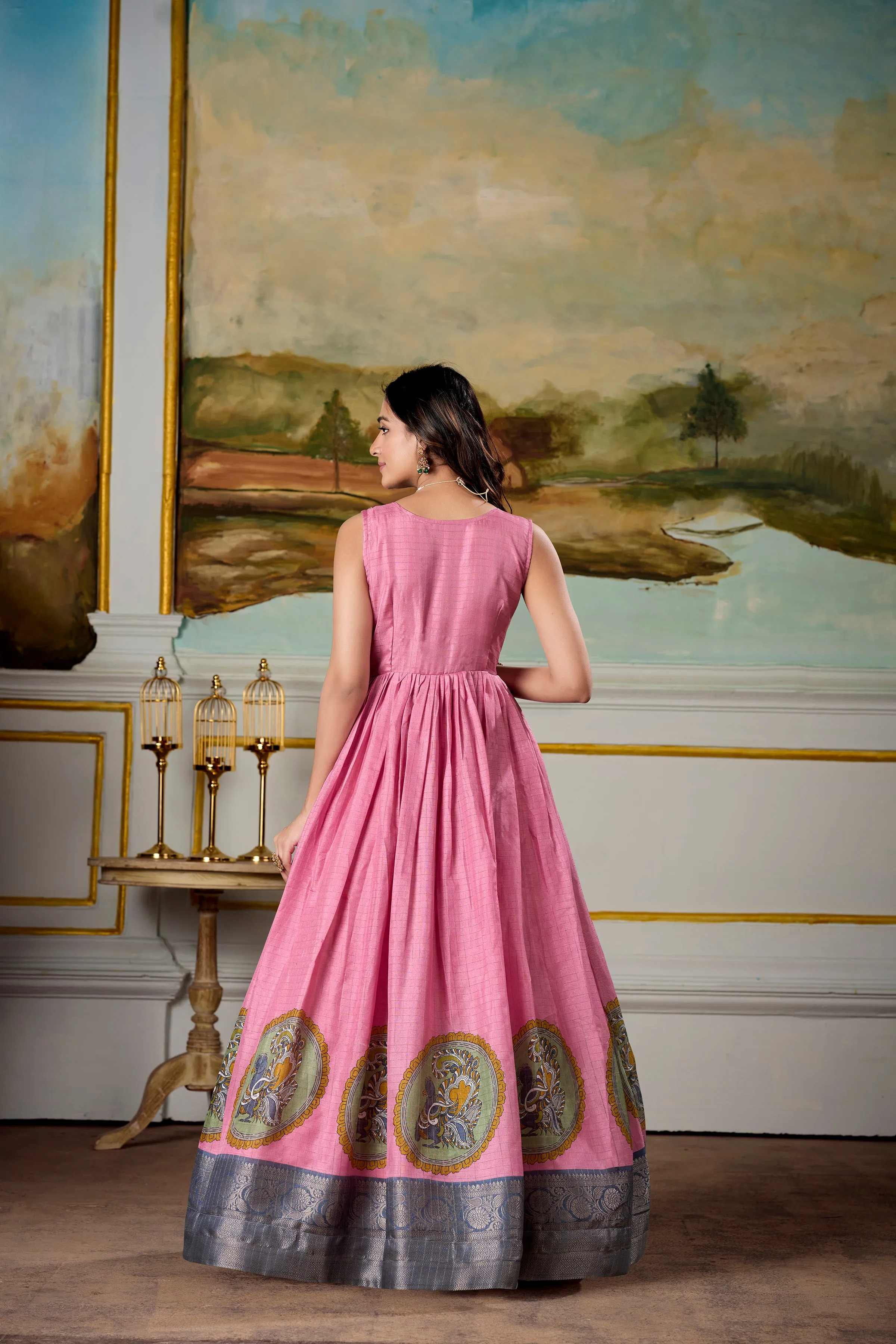 Pink Pure Dola Silk Long Kalamkari Print Readymade Gown