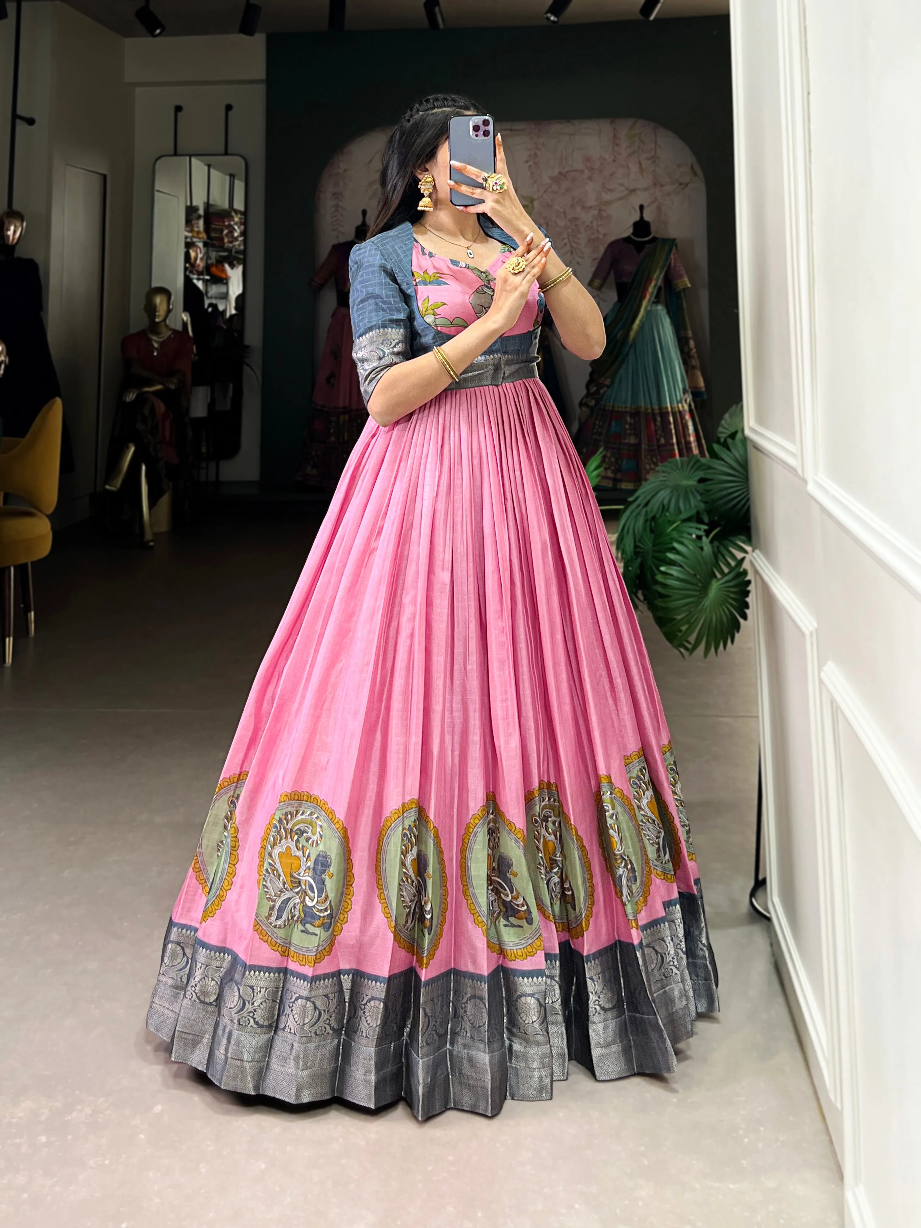 Pink Pure Dola Silk Long Kalamkari Print Readymade Gown