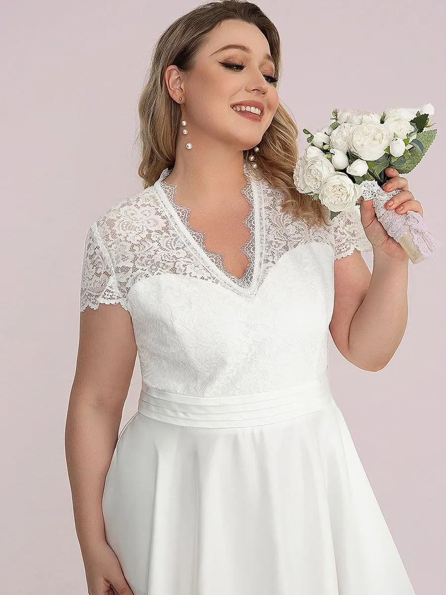 Plus Size V-neck Lace Bodice A-line Cocktail Dress with Pockets