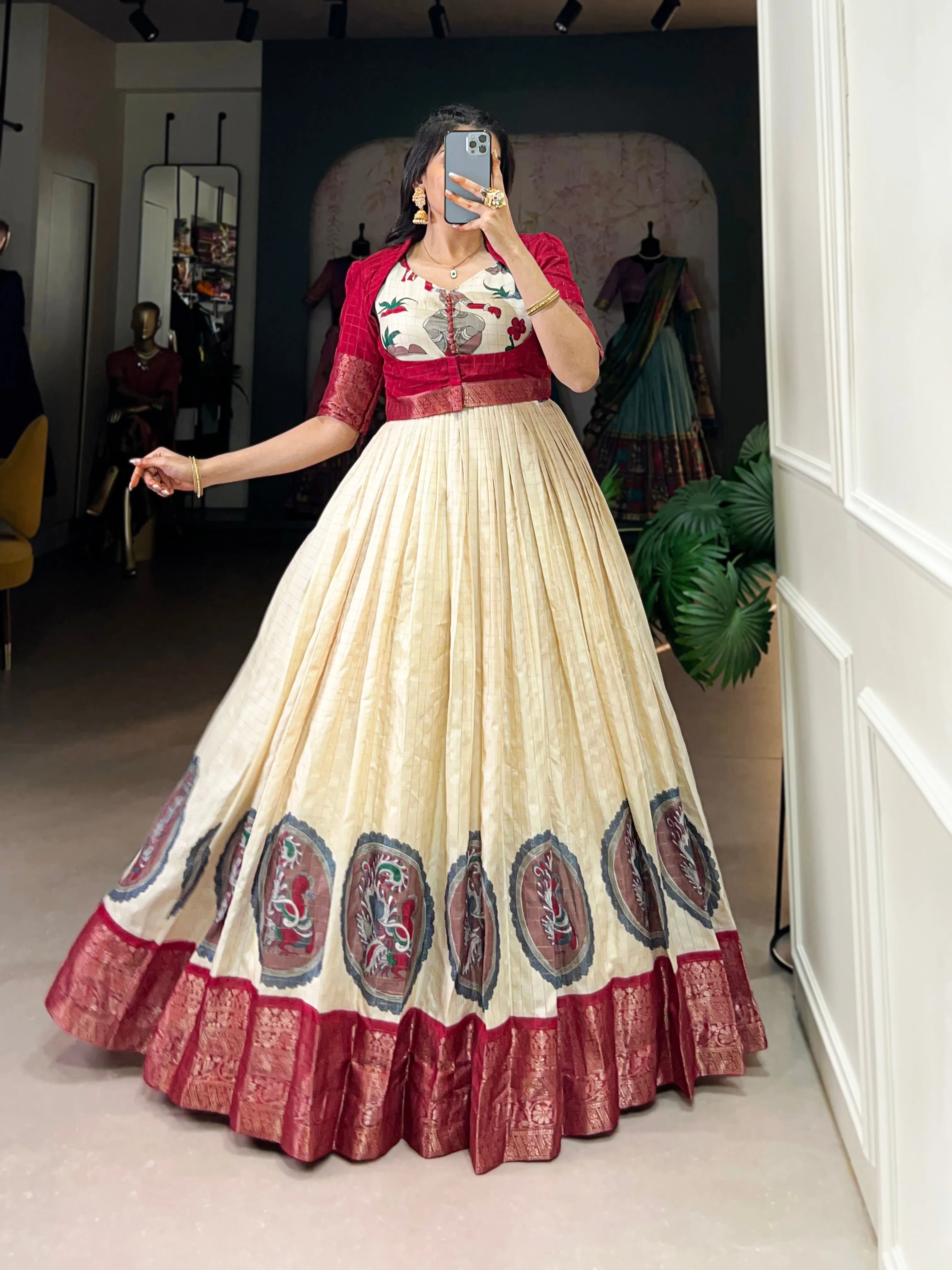 Red Pure Dola Silk Long Kalamkari Print Readymade Gown