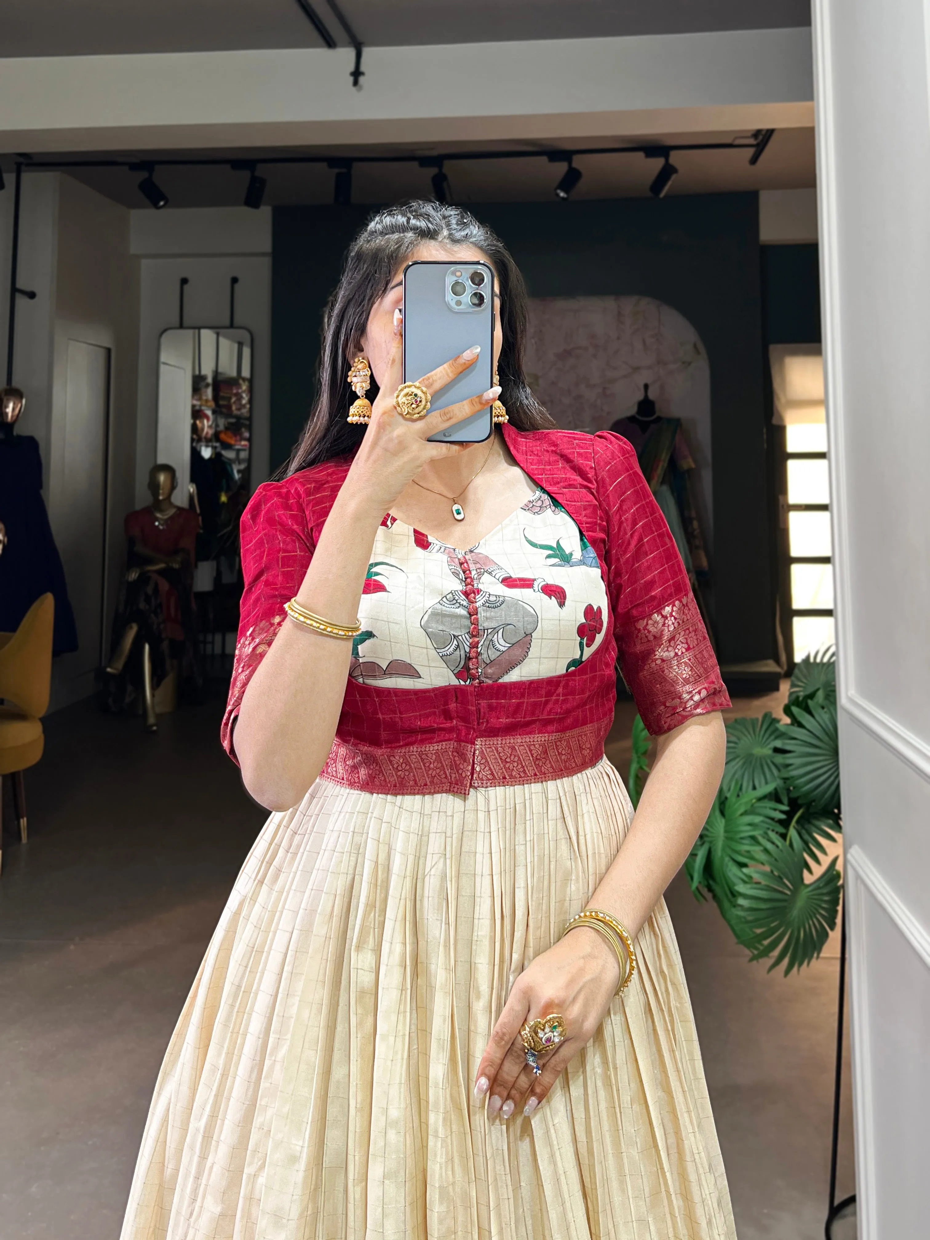 Red Pure Dola Silk Long Kalamkari Print Readymade Gown