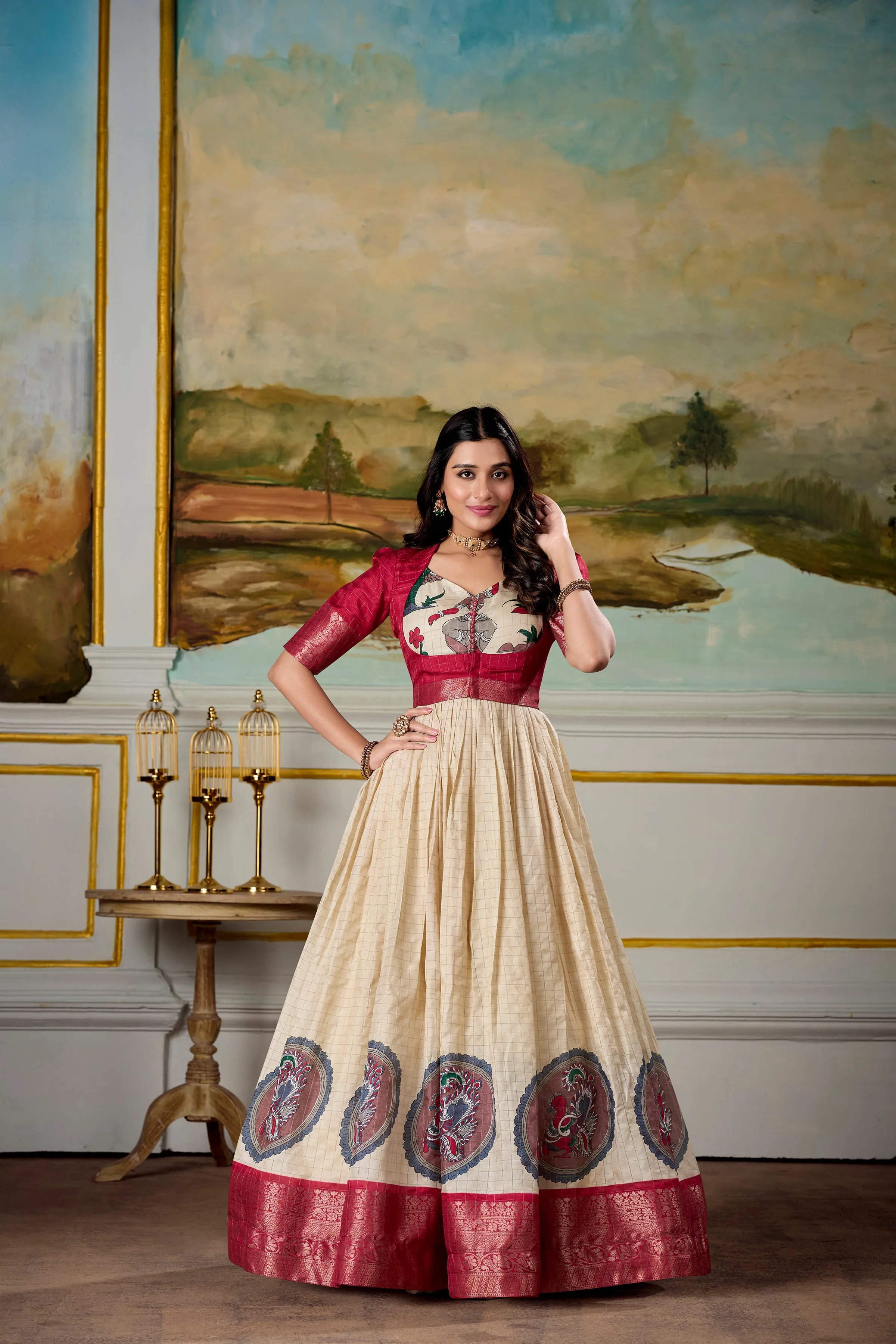 Red Pure Dola Silk Long Kalamkari Print Readymade Gown