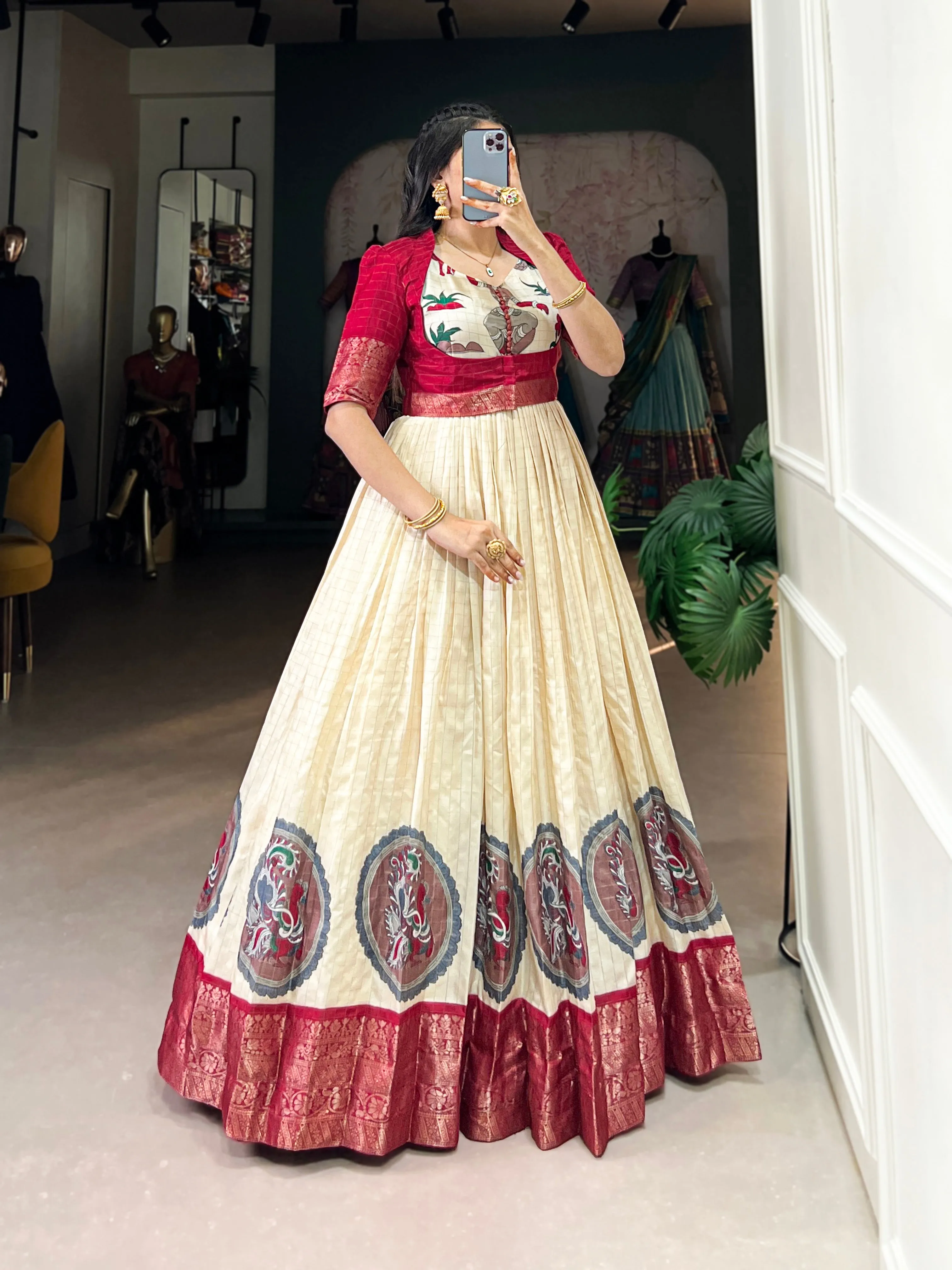 Red Pure Dola Silk Long Kalamkari Print Readymade Gown