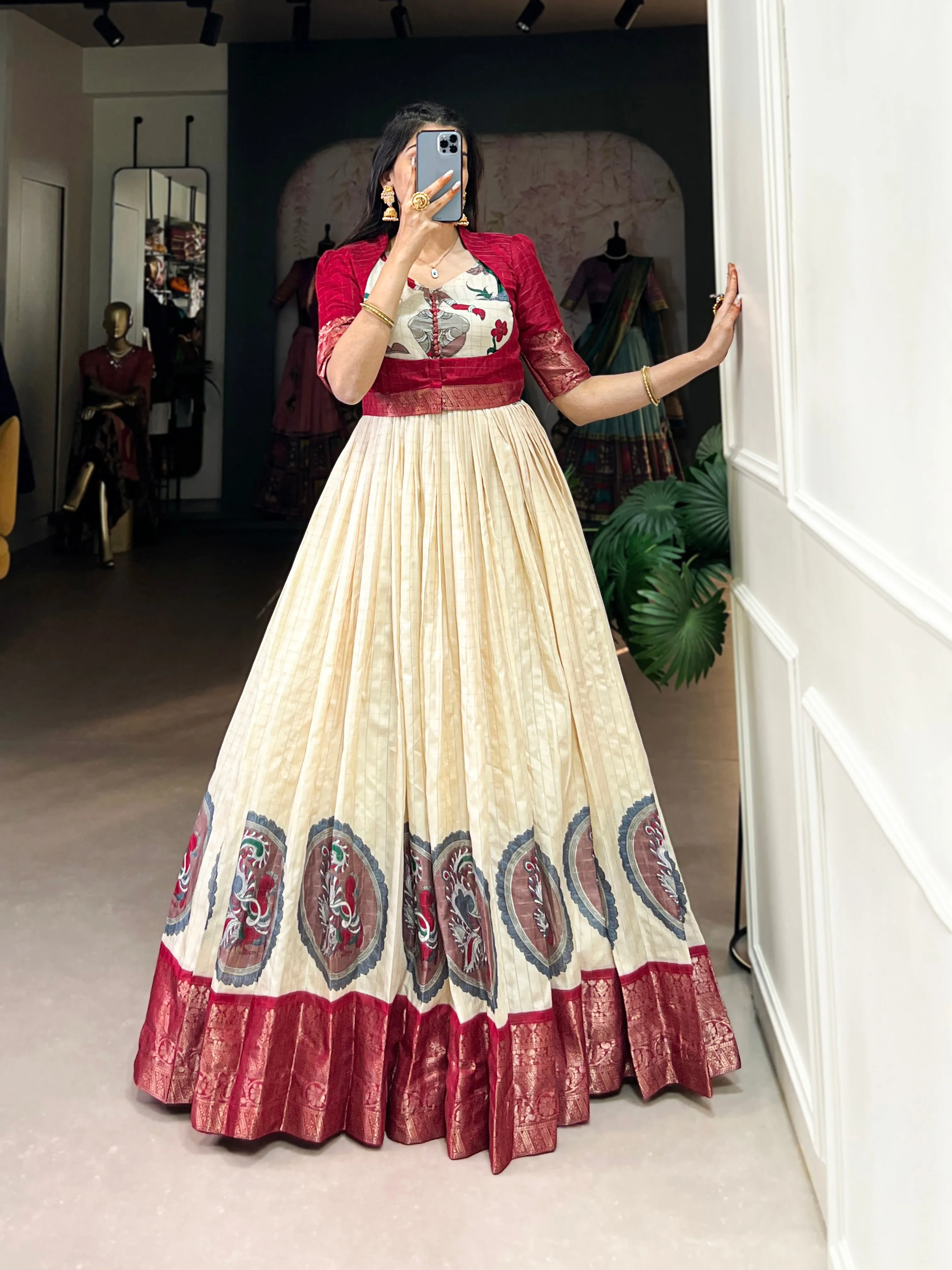 Red Pure Dola Silk Long Kalamkari Print Readymade Gown