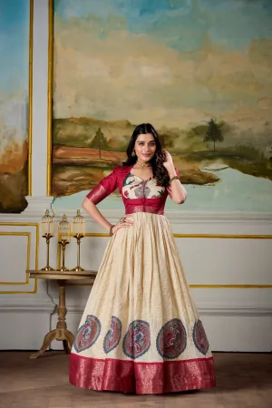 Red Pure Dola Silk Long Kalamkari Print Readymade Gown