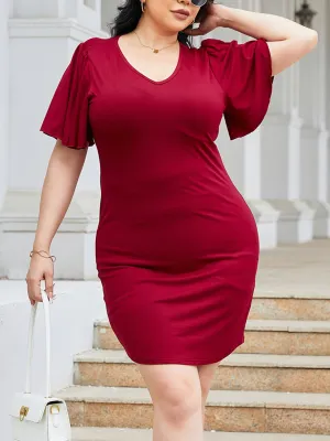 Simple Red Flutter Sleeved Fitted Cocktail Dress