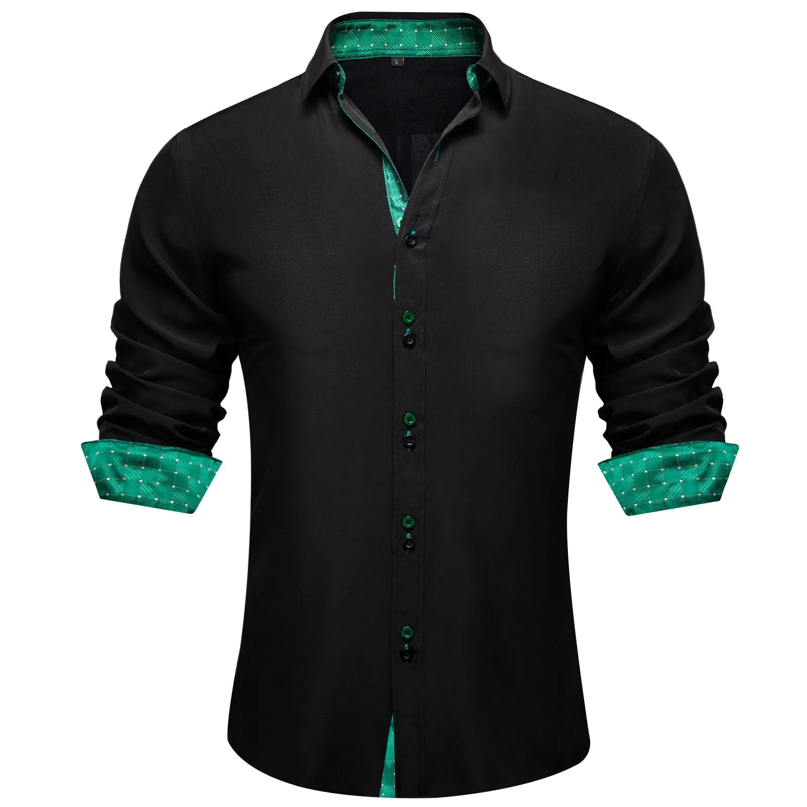 Splicing Style Black with Green Plaid Edge Men's Long Sleeve Shirt