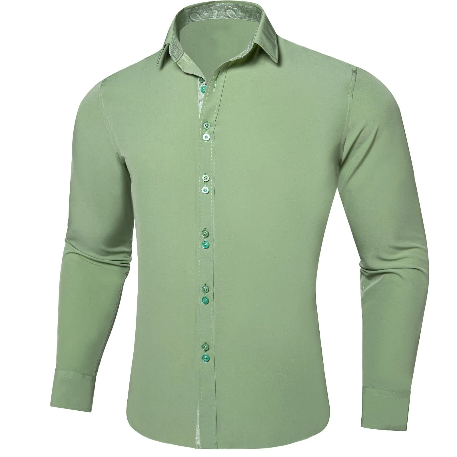 Ties2you Dress Shirt for Men Sage Green Solid Splicing Silk Button Down Shirt