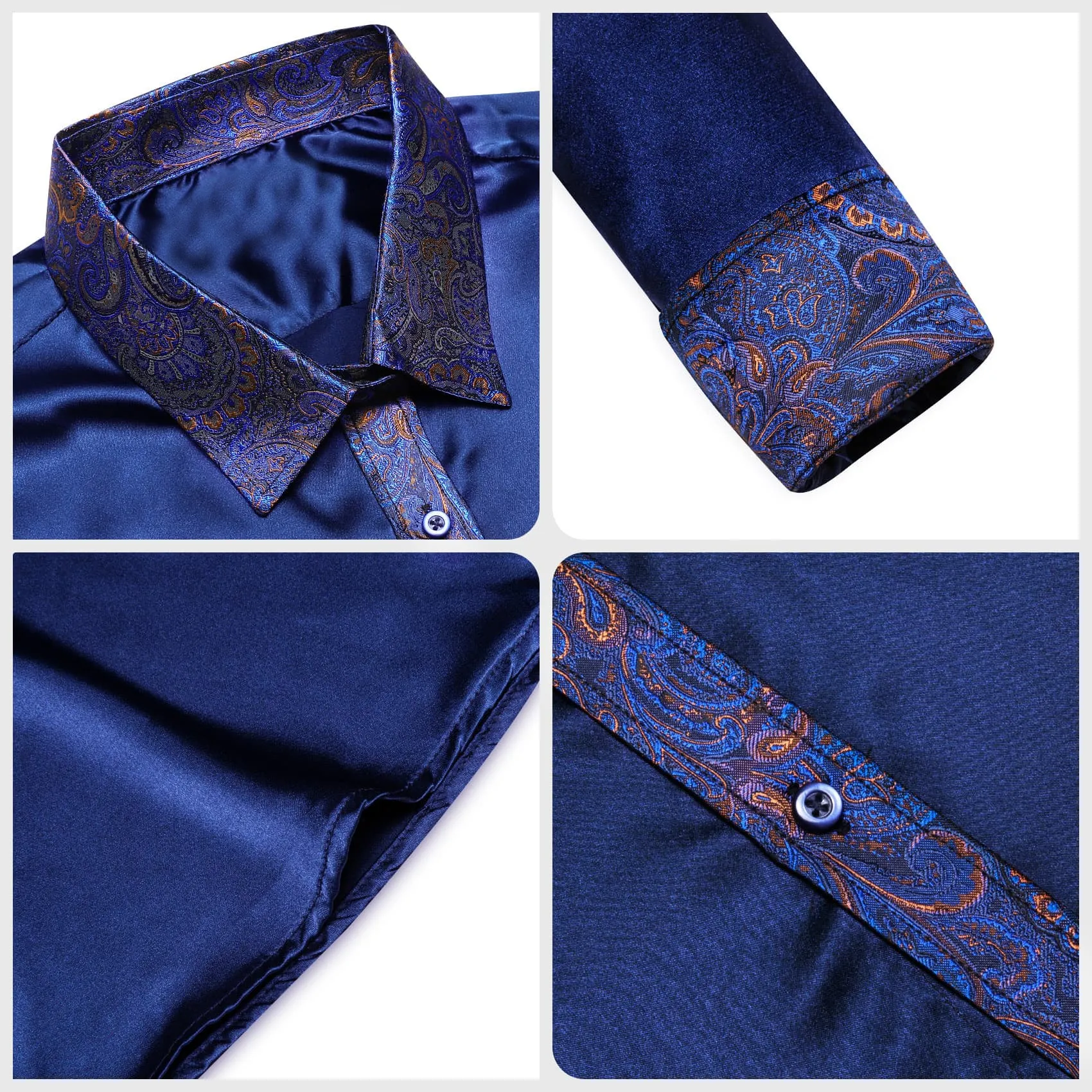 Ties2you Dress Shirt Navy Blue Solid Splicing Paisley Button Down Long Sleeve Shirts for Men