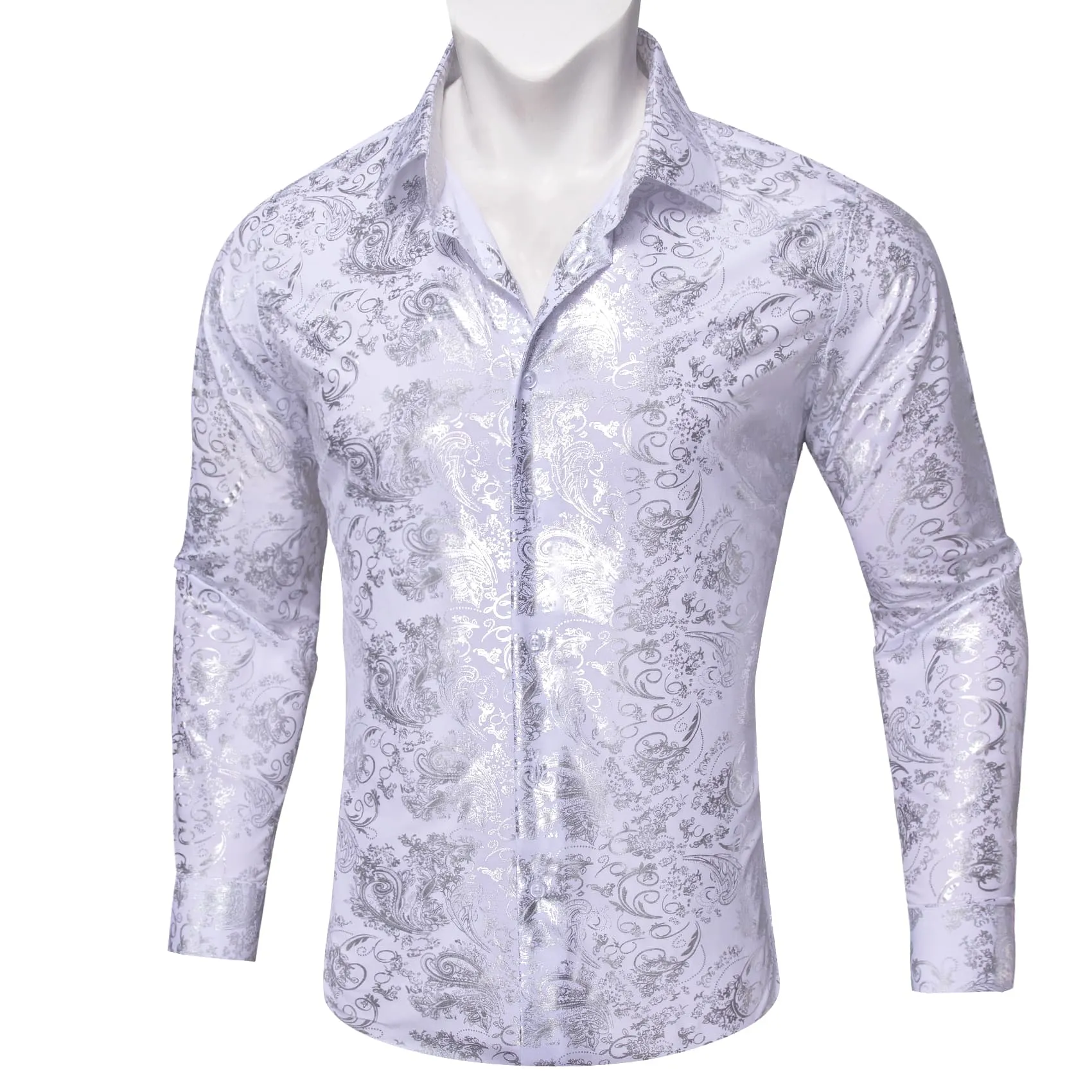 Ties2you Dress Shirt White Hot Stamping Floral Long Sleeve Button Up Shirts for Men Wedding