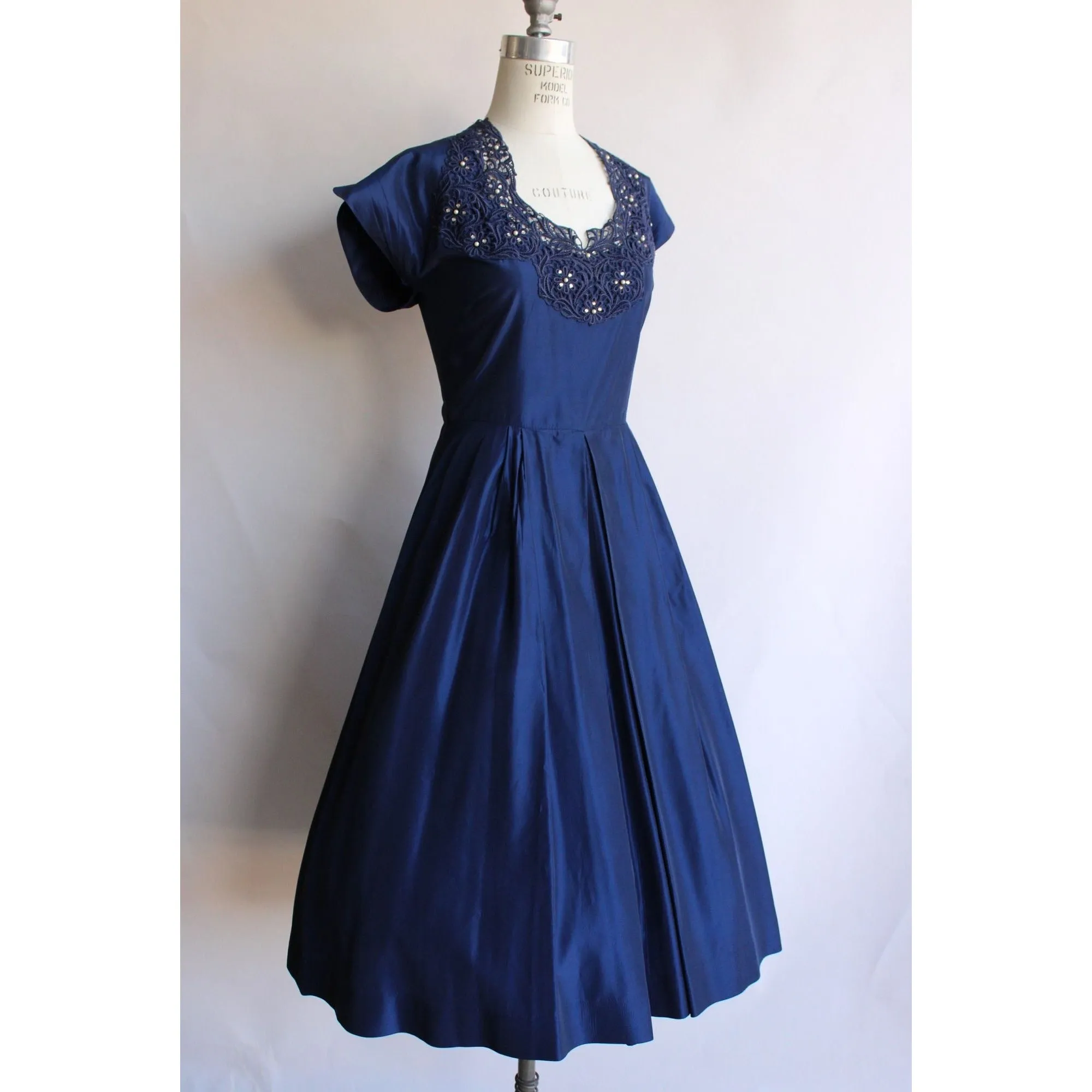 Vintage 1950s Ann Kauffman Navy Blue Taffeta Dress